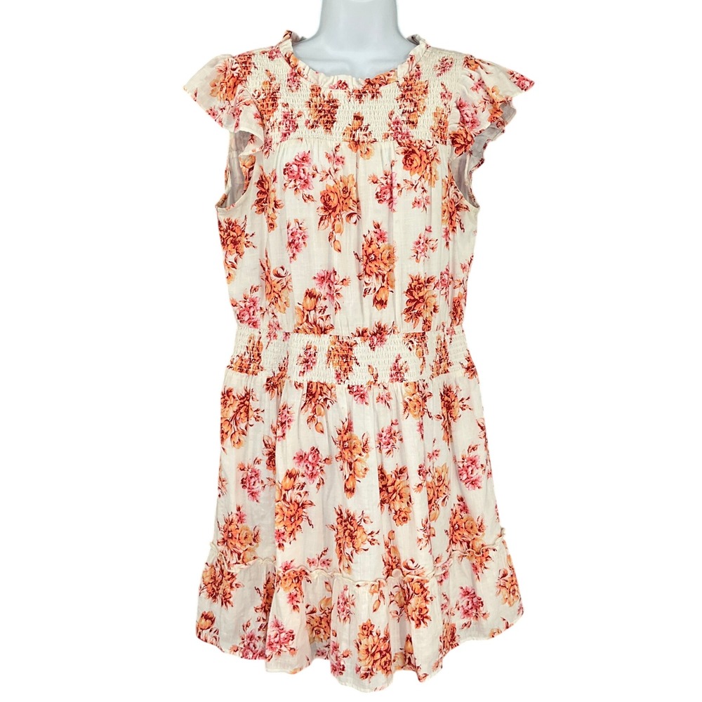 LOFT Floral Print Smocked Waist Flutter Sleeve‎ Dress White Pink Orange M Boho